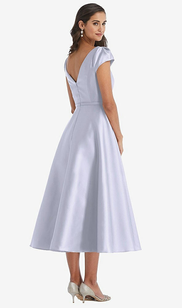 Back View - Silver Dove Puff Sleeve Bow-Waist Full Skirt Satin Midi Dress