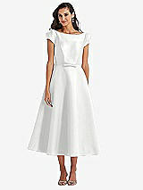 Side View Thumbnail - White Puff Sleeve Bow-Waist Full Skirt Satin Midi Dress