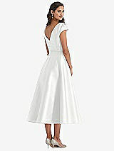 Rear View Thumbnail - White Puff Sleeve Bow-Waist Full Skirt Satin Midi Dress
