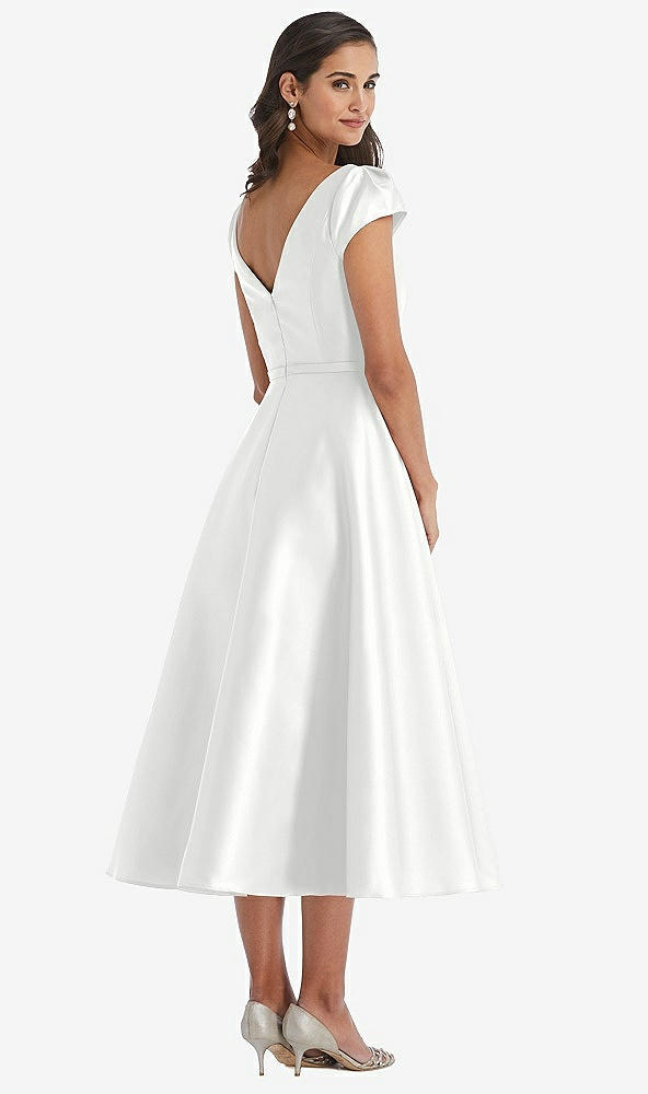 Back View - White Puff Sleeve Bow-Waist Full Skirt Satin Midi Dress
