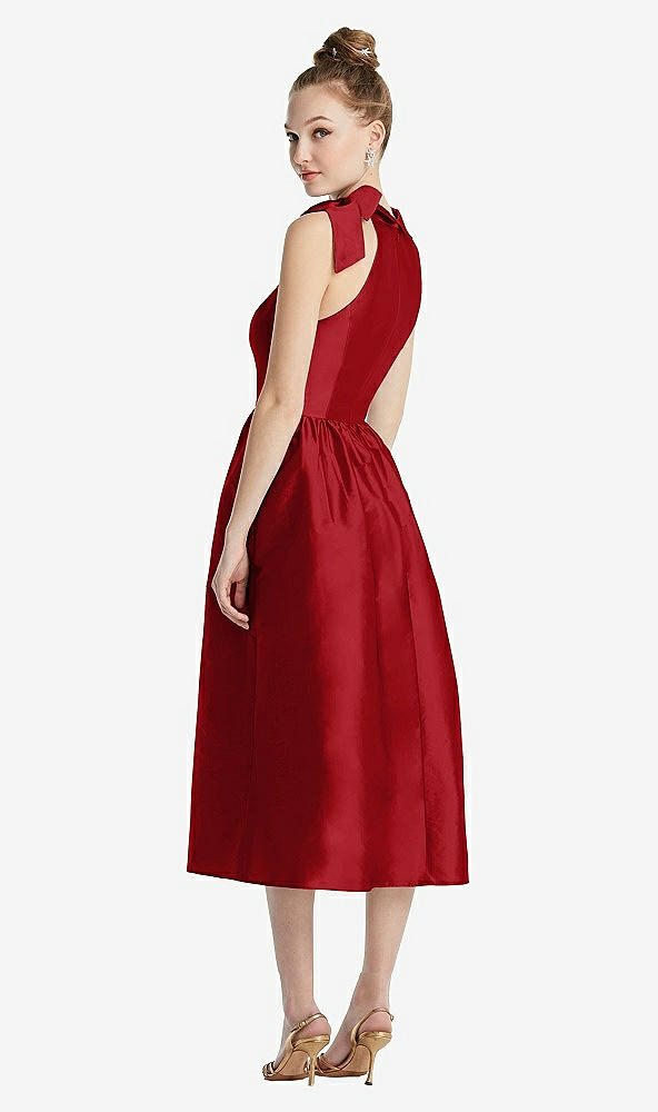 Back View - Garnet Bowed High-Neck Full Skirt Midi Dress with Pockets