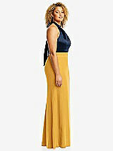 Side View Thumbnail - NYC Yellow & Midnight Navy High-Neck Open-Back Maxi Dress with Scarf Tie