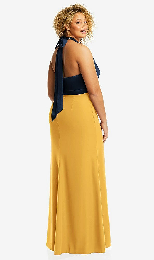 Back View - NYC Yellow & Midnight Navy High-Neck Open-Back Maxi Dress with Scarf Tie