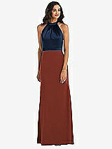 Alt View 1 Thumbnail - Auburn Moon & Midnight Navy High-Neck Open-Back Maxi Dress with Scarf Tie