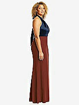 Side View Thumbnail - Auburn Moon & Midnight Navy High-Neck Open-Back Maxi Dress with Scarf Tie