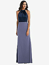 Alt View 1 Thumbnail - French Blue & Midnight Navy High-Neck Open-Back Maxi Dress with Scarf Tie
