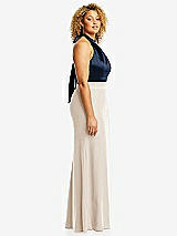Side View Thumbnail - Oat & Midnight Navy High-Neck Open-Back Maxi Dress with Scarf Tie