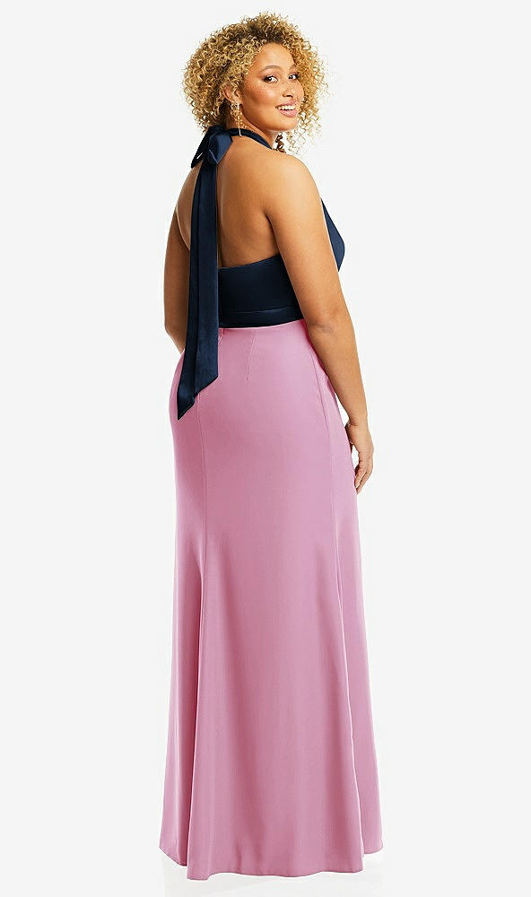 Back View - Powder Pink & Midnight Navy High-Neck Open-Back Maxi Dress with Scarf Tie