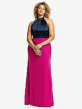 Front View Thumbnail - Think Pink & Midnight Navy High-Neck Open-Back Maxi Dress with Scarf Tie