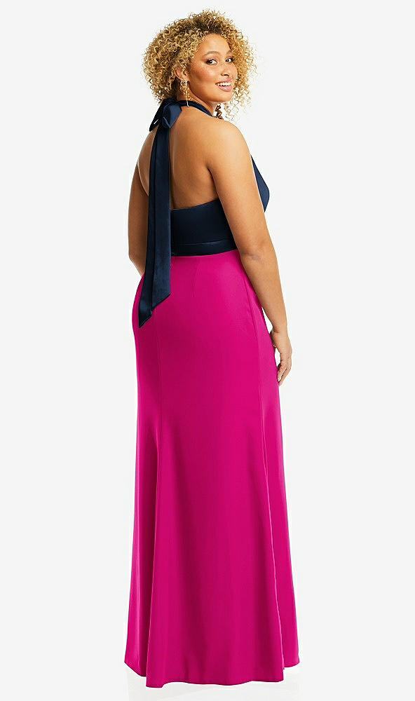 Back View - Think Pink & Midnight Navy High-Neck Open-Back Maxi Dress with Scarf Tie