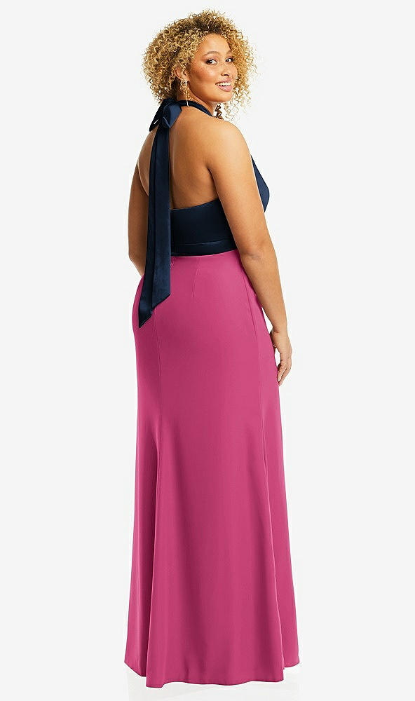 Back View - Tea Rose & Midnight Navy High-Neck Open-Back Maxi Dress with Scarf Tie