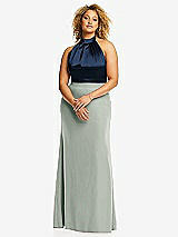 Front View Thumbnail - Willow Green & Midnight Navy High-Neck Open-Back Maxi Dress with Scarf Tie