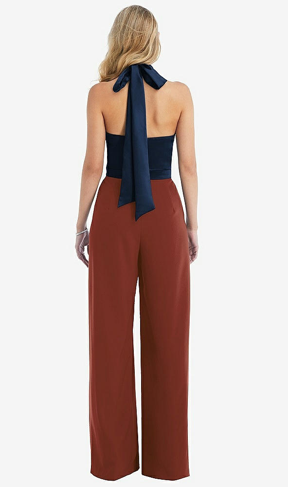 Back View - Auburn Moon & Midnight Navy High-Neck Open-Back Jumpsuit with Scarf Tie
