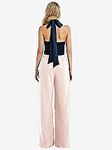 Rear View Thumbnail - Blush & Midnight Navy High-Neck Open-Back Jumpsuit with Scarf Tie