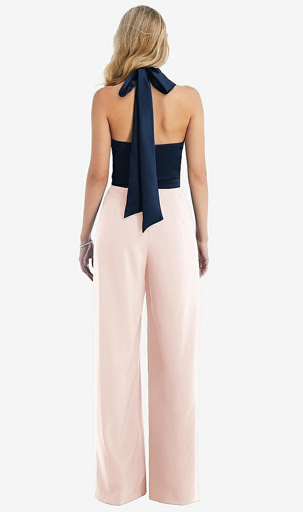 Back View - Blush & Midnight Navy High-Neck Open-Back Jumpsuit with Scarf Tie
