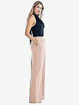 Front View Thumbnail - Cameo & Midnight Navy High-Neck Open-Back Jumpsuit with Scarf Tie