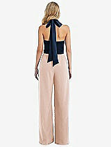 Rear View Thumbnail - Cameo & Midnight Navy High-Neck Open-Back Jumpsuit with Scarf Tie