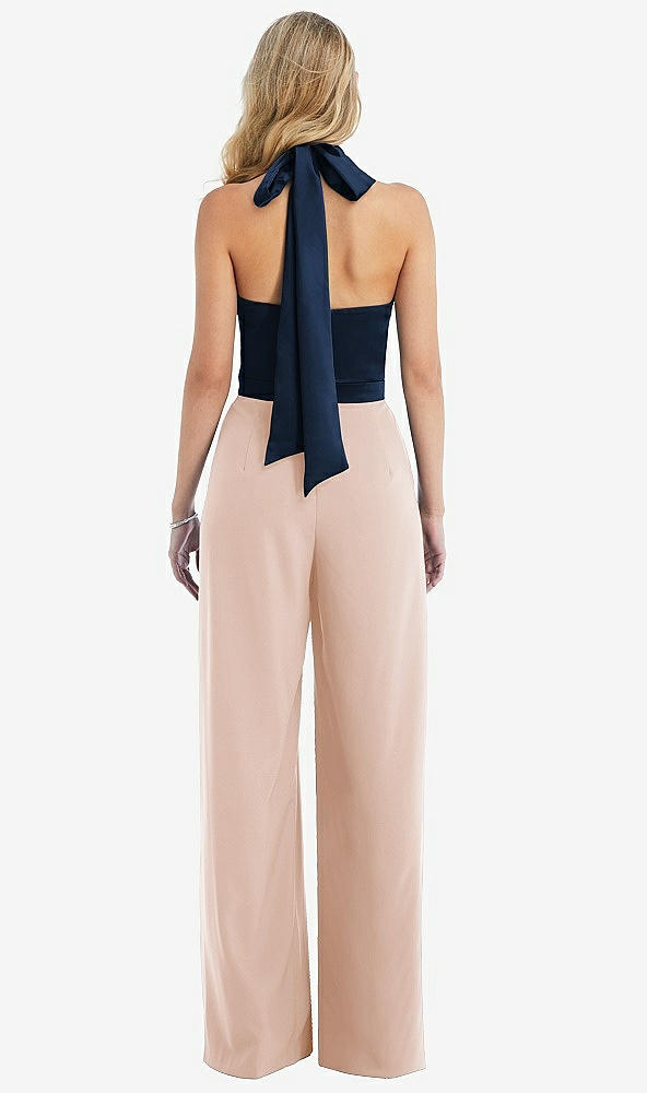 Back View - Cameo & Midnight Navy High-Neck Open-Back Jumpsuit with Scarf Tie
