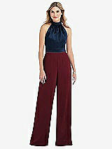 Side View Thumbnail - Cabernet & Midnight Navy High-Neck Open-Back Jumpsuit with Scarf Tie