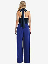 Rear View Thumbnail - Cobalt Blue & Midnight Navy High-Neck Open-Back Jumpsuit with Scarf Tie