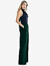 Front View Thumbnail - Evergreen & Midnight Navy High-Neck Open-Back Jumpsuit with Scarf Tie