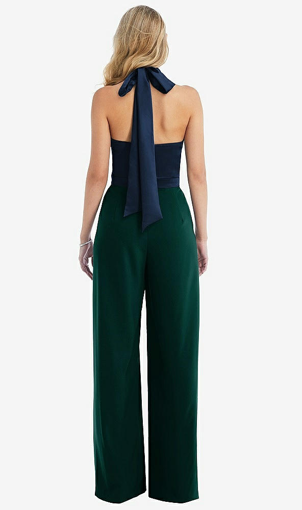 Back View - Evergreen & Midnight Navy High-Neck Open-Back Jumpsuit with Scarf Tie