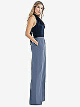 Front View Thumbnail - Larkspur Blue & Midnight Navy High-Neck Open-Back Jumpsuit with Scarf Tie