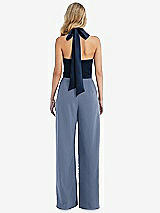 Rear View Thumbnail - Larkspur Blue & Midnight Navy High-Neck Open-Back Jumpsuit with Scarf Tie