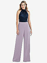 Side View Thumbnail - Lilac Haze & Midnight Navy High-Neck Open-Back Jumpsuit with Scarf Tie