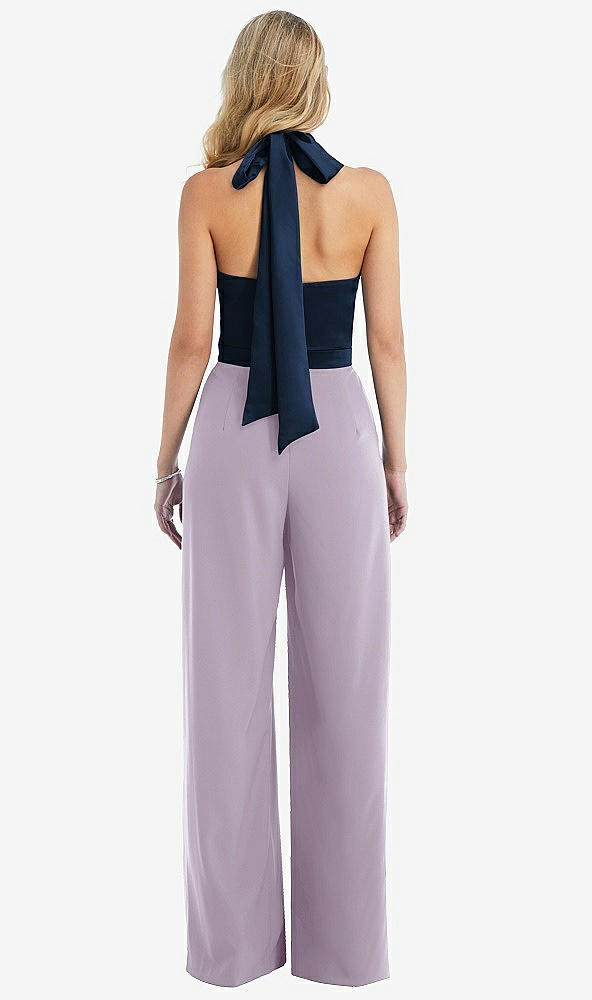 Back View - Lilac Haze & Midnight Navy High-Neck Open-Back Jumpsuit with Scarf Tie