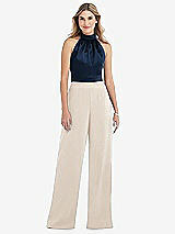 Side View Thumbnail - Oat & Midnight Navy High-Neck Open-Back Jumpsuit with Scarf Tie