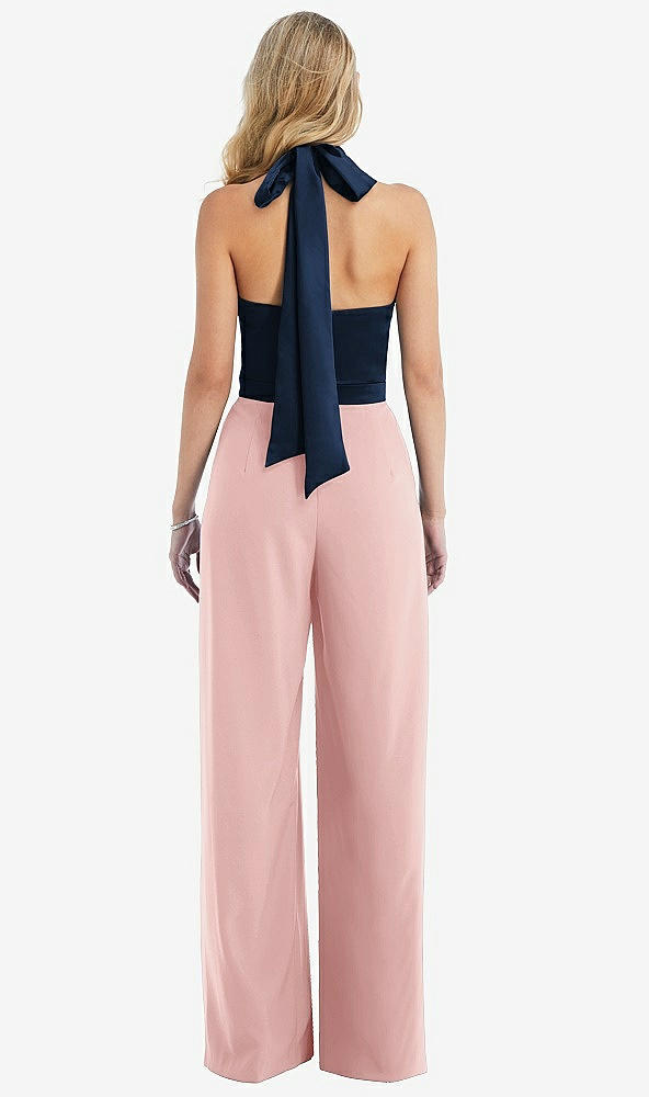 Back View - Rose & Midnight Navy High-Neck Open-Back Jumpsuit with Scarf Tie