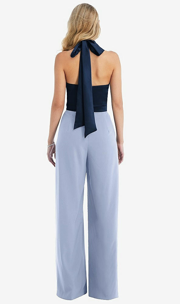 Back View - Sky Blue & Midnight Navy High-Neck Open-Back Jumpsuit with Scarf Tie