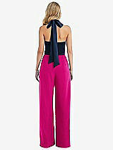 Rear View Thumbnail - Think Pink & Midnight Navy High-Neck Open-Back Jumpsuit with Scarf Tie