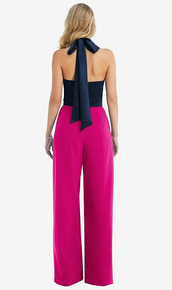 Back View - Think Pink & Midnight Navy High-Neck Open-Back Jumpsuit with Scarf Tie