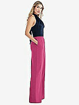 Front View Thumbnail - Tea Rose & Midnight Navy High-Neck Open-Back Jumpsuit with Scarf Tie