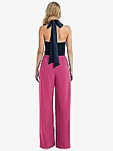 Rear View Thumbnail - Tea Rose & Midnight Navy High-Neck Open-Back Jumpsuit with Scarf Tie