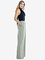 Front View Thumbnail - Willow Green & Midnight Navy High-Neck Open-Back Jumpsuit with Scarf Tie