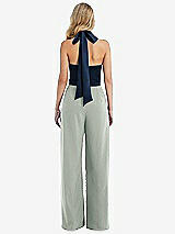 Rear View Thumbnail - Willow Green & Midnight Navy High-Neck Open-Back Jumpsuit with Scarf Tie