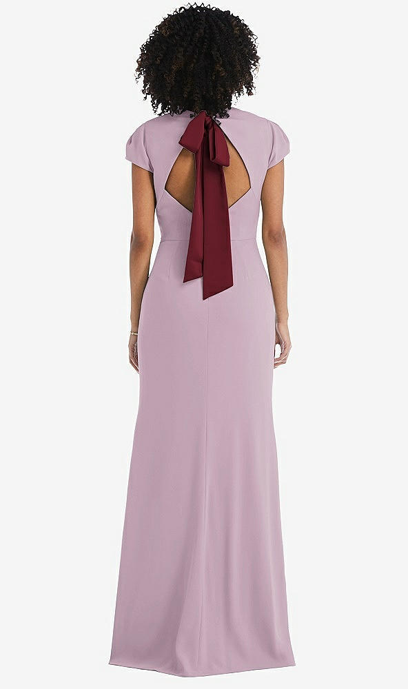 Front View - Suede Rose & Cabernet Puff Cap Sleeve Cutout Tie-Back Trumpet Gown