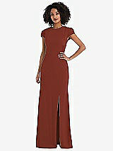 Rear View Thumbnail - Auburn Moon & Cabernet Puff Cap Sleeve Cutout Tie-Back Trumpet Gown