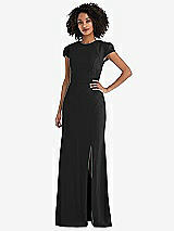 Rear View Thumbnail - Black & Cabernet Puff Cap Sleeve Cutout Tie-Back Trumpet Gown