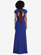 Front View Thumbnail - Cobalt Blue & Cabernet Puff Cap Sleeve Cutout Tie-Back Trumpet Gown