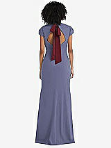 Front View Thumbnail - French Blue & Cabernet Puff Cap Sleeve Cutout Tie-Back Trumpet Gown
