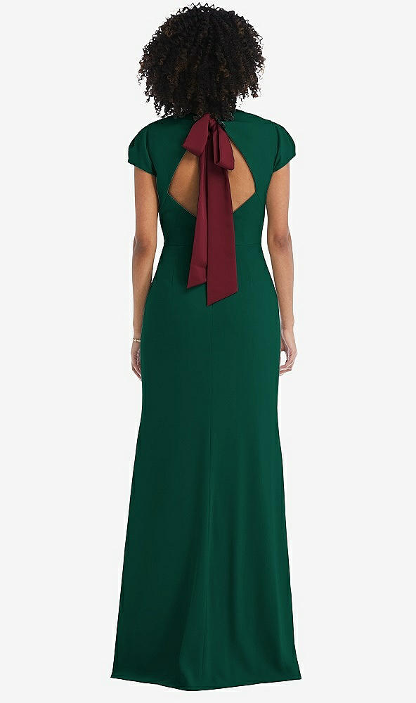 Front View - Hunter Green & Cabernet Puff Cap Sleeve Cutout Tie-Back Trumpet Gown