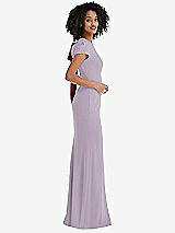 Side View Thumbnail - Lilac Haze & Cabernet Puff Cap Sleeve Cutout Tie-Back Trumpet Gown