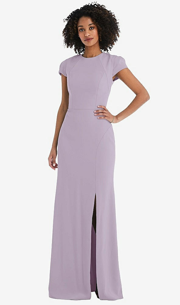 Back View - Lilac Haze & Cabernet Puff Cap Sleeve Cutout Tie-Back Trumpet Gown