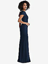 Side View Thumbnail - Midnight Navy & Cabernet Puff Cap Sleeve Cutout Tie-Back Trumpet Gown