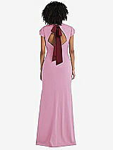 Front View Thumbnail - Powder Pink & Cabernet Puff Cap Sleeve Cutout Tie-Back Trumpet Gown