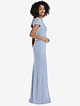 Side View Thumbnail - Sky Blue & Cabernet Puff Cap Sleeve Cutout Tie-Back Trumpet Gown